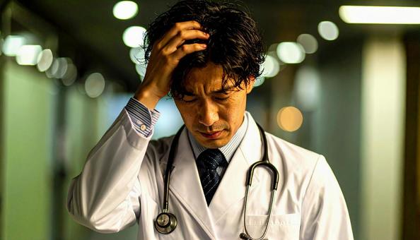 頭をぐしゃぐしゃにして悩む日本人男性医師 頭をぐしゃぐしゃにして悩む日本人男性医師の写真