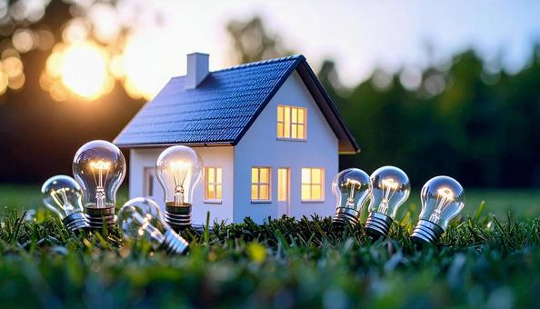 省エネのイメージ 電球とミニチュアの家 省エネのイメージ 電球とミニチュアの家の写真