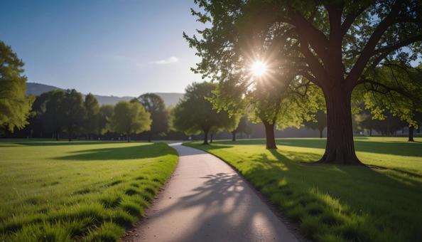 太陽と木と小道 太陽と木と小道の写真