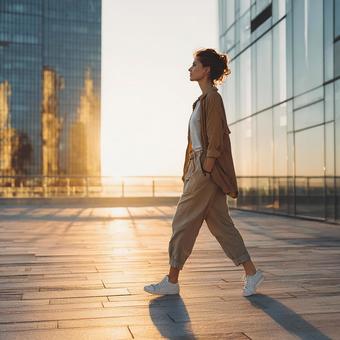 オレンジ色の光が美しい夕暮れの都市景観の写真