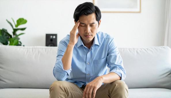 ソファに座って頭を抱える20代の男性の写真