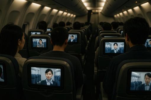 機内モニターで安全ビデオを見る乗客 機内モニターで安全ビデオを見る乗客の写真