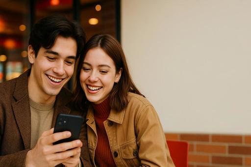 スマホを見て微笑むカップルの写真