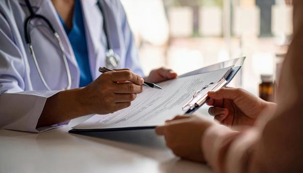 手術前に患者に手術同意書を渡す医師 手術前に患者に手術同意書を渡す医師の写真