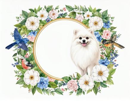 ポメラニアンと花と鳥のフレームの写真