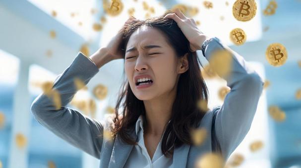 頭を抱える女性とビットコインのイメージ2の写真