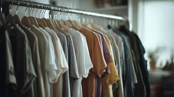 整理されたクロゼット:ハンガーにかかる服 整理されたクロゼット:ハンガーにかかる服の写真