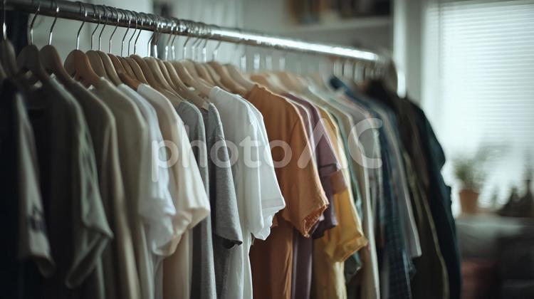整理されたクロゼット：ハンガーにかかる服 服,洋服,ハンガーラックの写真素材