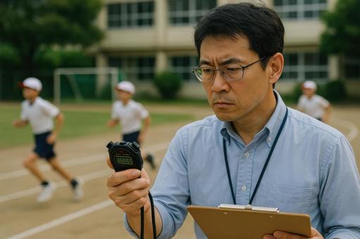 タイムを計るストップウォッチを持つ先生 タイムを計るストップウォッチを持つ先生の写真