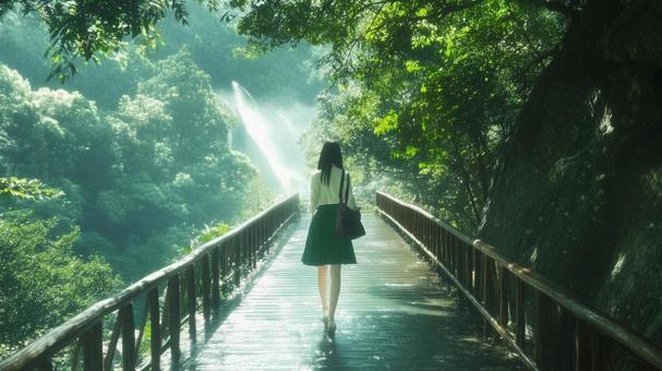 橋を渡る女性 橋を渡る女性の写真