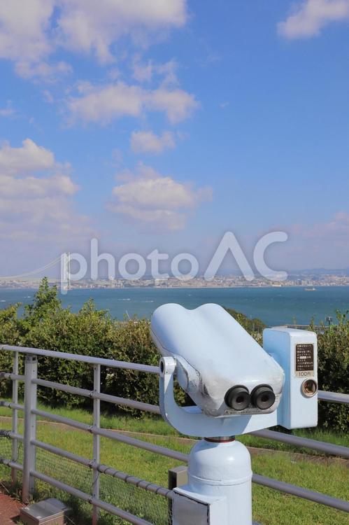 明石海峡大橋と海と望遠鏡 望遠鏡,観光地,海の写真素材