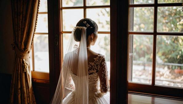 緊張して窓の外を見る結婚式前の花嫁 緊張して窓の外を見る結婚式前の花嫁の写真