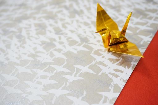 Gold crane, crane, red and white, japanese paper, JPG