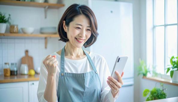 スマホでポイ活する笑顔の女性 スマホでポイ活する笑顔の女性の写真