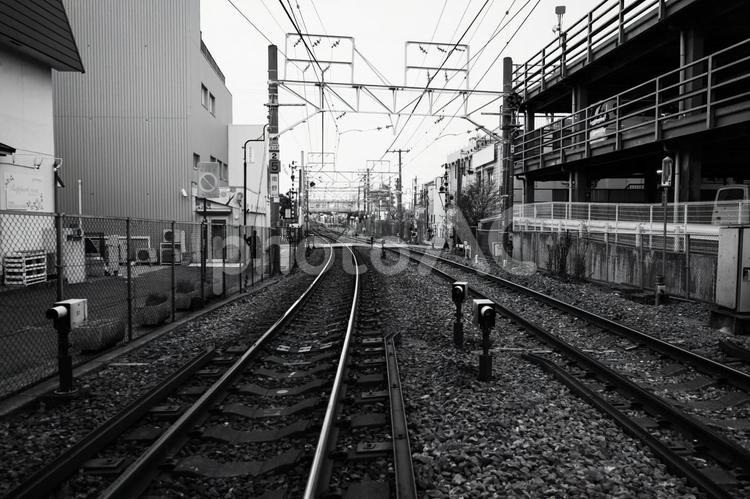 学研都市線　四条畷付近の踏切 レール,モノクロ,フィルム風の写真素材