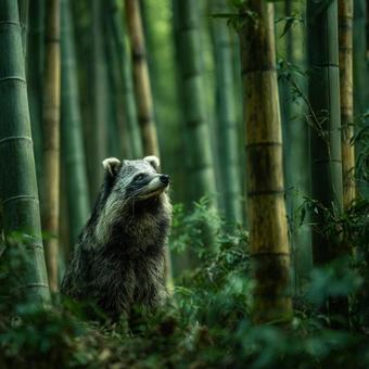 竹林に佇むタヌキの可愛い姿 竹林に佇むタヌキの可愛い姿の写真