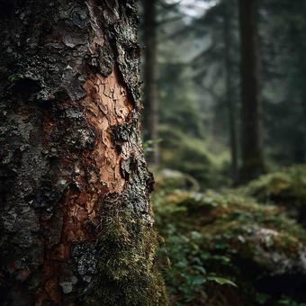 剥がれた樹皮と苔の質感 剥がれた樹皮と苔の質感の写真