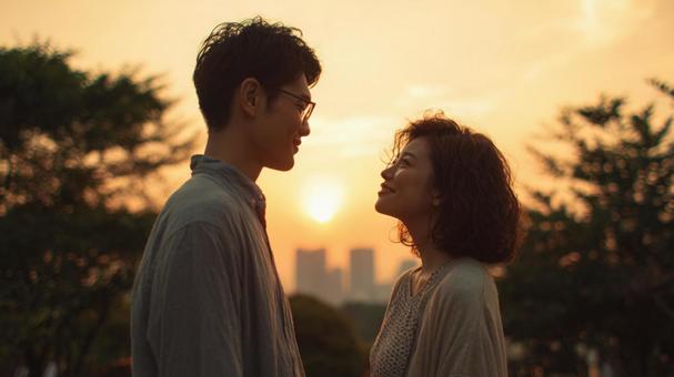 夕日と微笑むカップル 夕日と微笑むカップルの写真