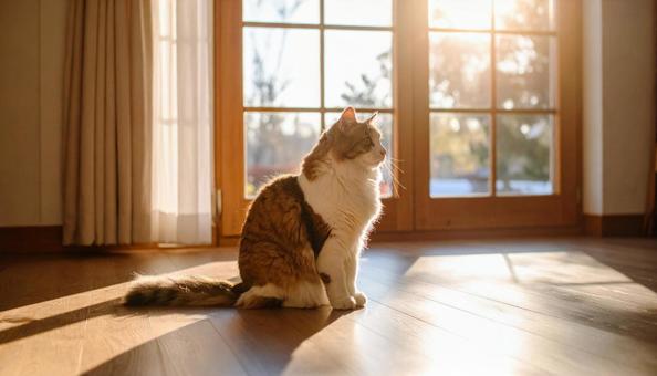 ナチュラルで清潔感のある部屋にいる猫 ナチュラルで清潔感のある部屋にいる猫の写真