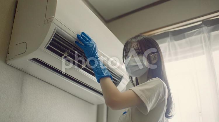 マスクを着けてエアコンを掃除する若い女性 エアコン,掃除,女性の写真素材