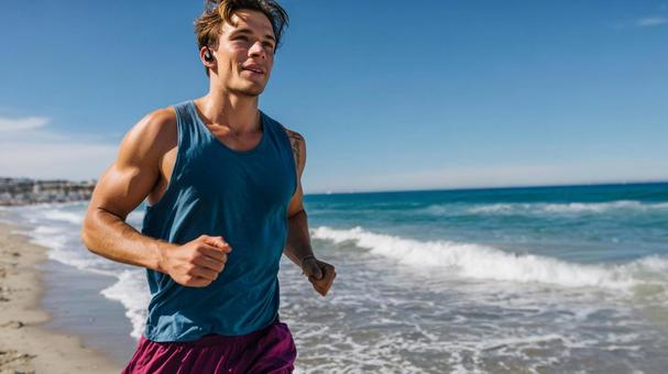 波打ち際を爽やかに駆け抜けるランナー 波打ち際を爽やかに駆け抜けるランナーの写真