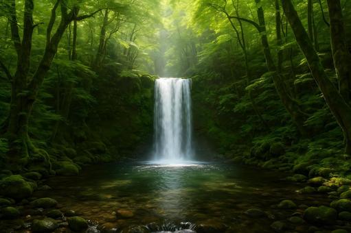 光差す森の滝 光差す森の滝の写真