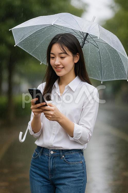 雨の公園でスマホ操作 女性,雨,傘の写真素材
