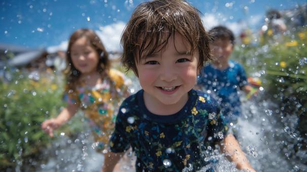夏休みで水飛沫をあげて遊ぶ子供 夏休みで水飛沫をあげて遊ぶ子供の写真