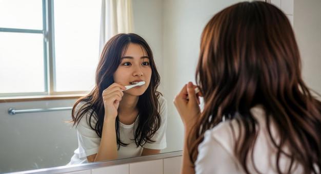 朝の洗面所で歯磨きをする若い女性の写真