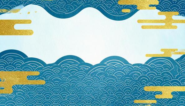 Japanese-style background with an image of rough ocean waves, storm, night, pen, JPG