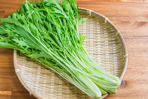 ざるに盛られた新鮮な水菜 ざるに盛られた新鮮な水菜 水菜,みずな,野菜の写真素材
