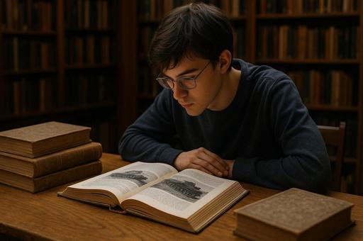 図書館で本を読む人物 図書館で本を読む人物の写真