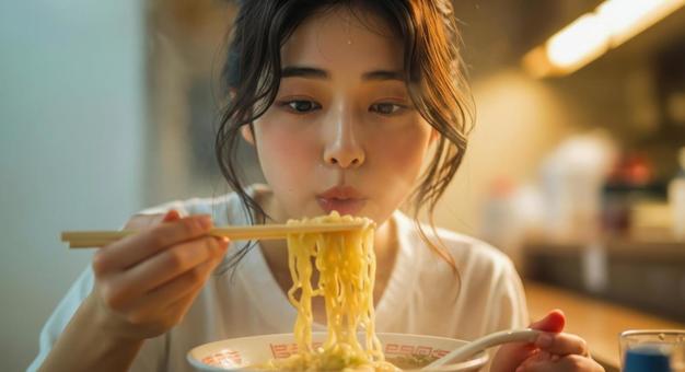 熱々ラーメンを食べる女性の飲食シーン 熱々ラーメンを食べる女性の飲食シーンの写真