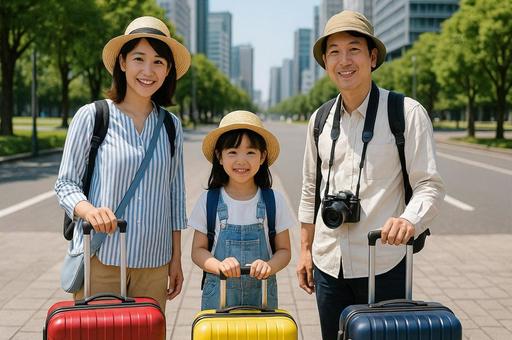 家族旅行スーツケースと笑顔の親子・観光 家族旅行スーツケースと笑顔の親子・観光の写真