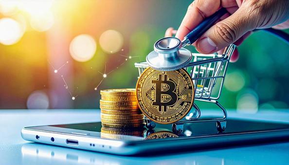 ビットコインを診断 金色のコインに聴診器 ビットコインを診断 金色のコインに聴診器の写真