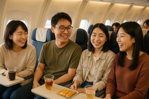 機内で談笑する日本人観光客グループ 機内で談笑する日本人観光客グループの写真