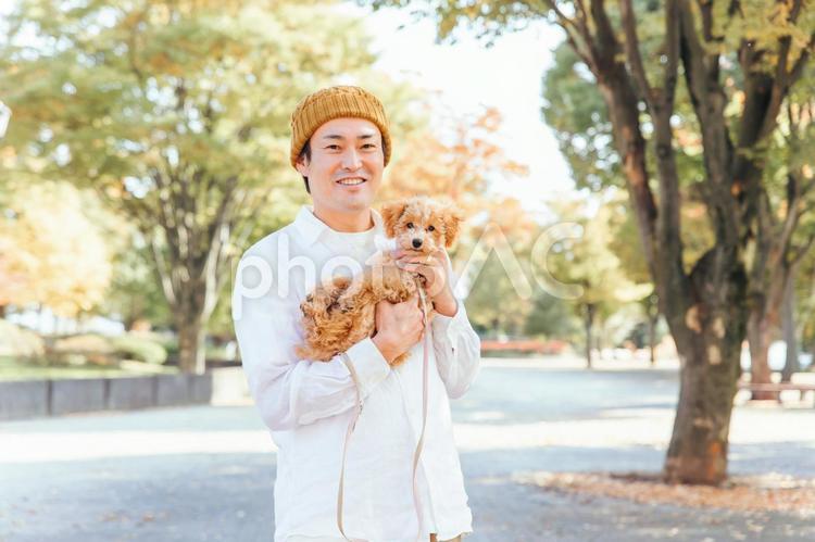 公園で犬と遊ぶ男性 犬,ペット,飼い主の写真素材