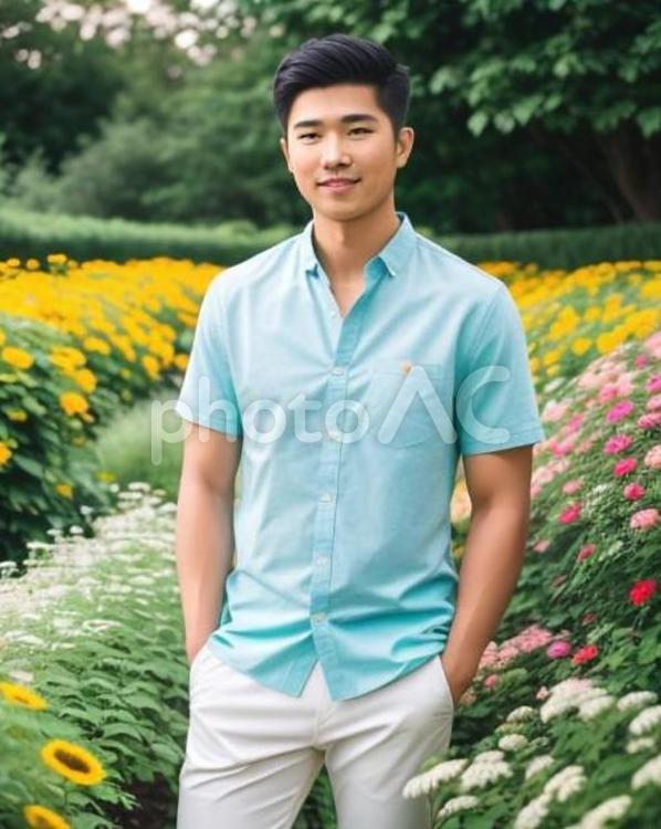 花畑の若い日本人の男性 No 26842445｜写真素材なら「写真AC」無料（フリー）ダウンロードOK