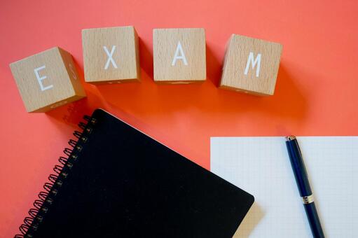 Exam Exam EXAM letters, notebooks and pens made from wooden blocks, englisch, ein test, toful, JPG