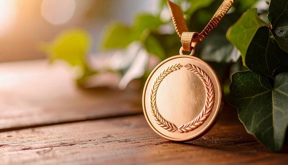 机の上に置かれた金メダル 机の上に置かれた金メダルの写真
