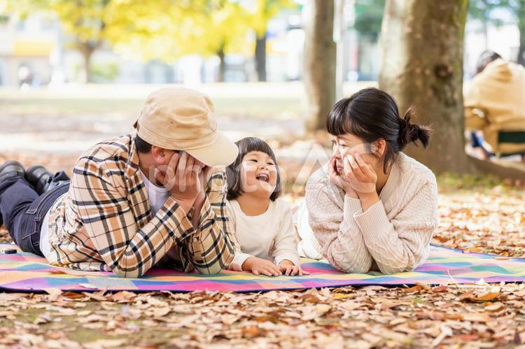 秋の公園でピクニックする家族・ファミリー 家族,ピクニック,行楽の写真素材
