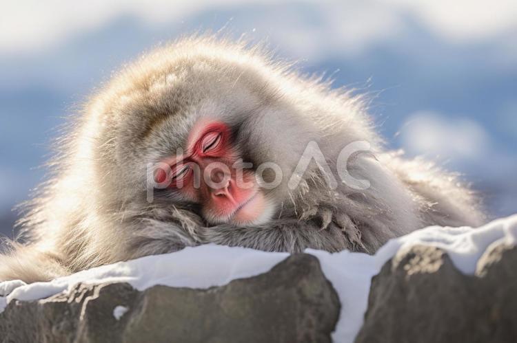 雪山で日向ぼっこをしながら寝ている猿 猿,野生,動物の写真素材