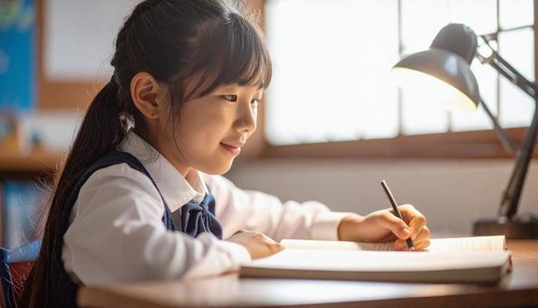 自宅の勉強机で勉強する女の子 自宅の勉強机で勉強する女の子の写真