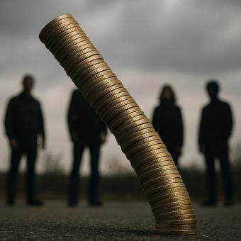 傾く富の塔(揺らぐ金貨の積み重ね) 傾く富の塔(揺らぐ金貨の積み重ね)の写真