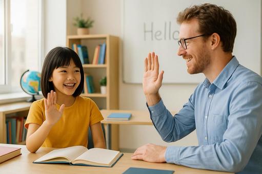 英語の授業でハイタッチ 英語の授業でハイタッチの写真