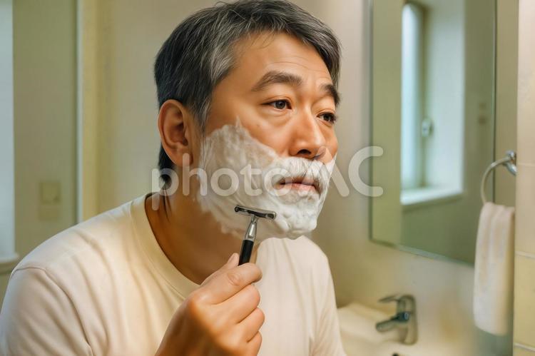 シェービングフォームをつけて髭を剃る男性 シェービングフォーム,髭剃り,シェービングの写真素材