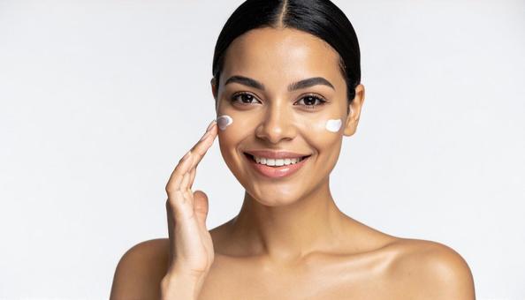 肌にクリームを塗る若い女性の写真