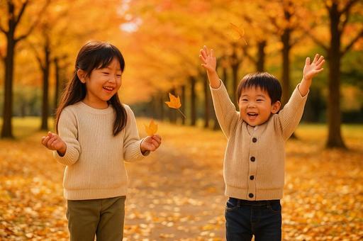 紅葉を背景に遊ぶ子供たち 紅葉を背景に遊ぶ子供たちの写真