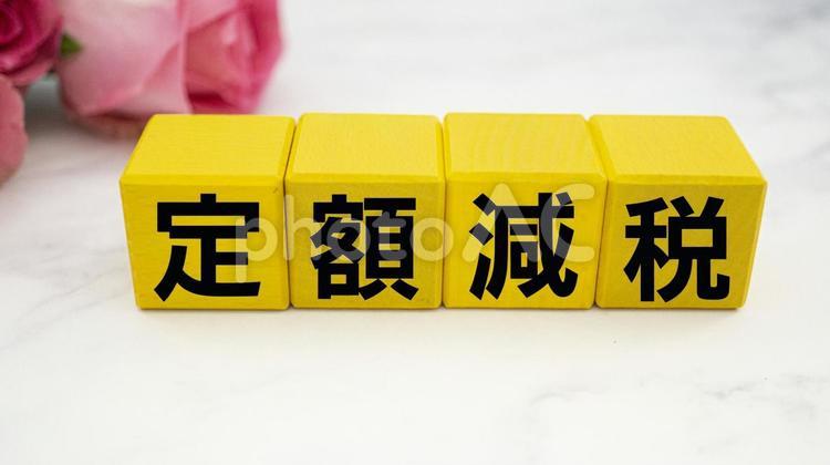 黄色い積み木に定額減税の文字とバラ 定額減税,制度,定額減税202５の写真素材