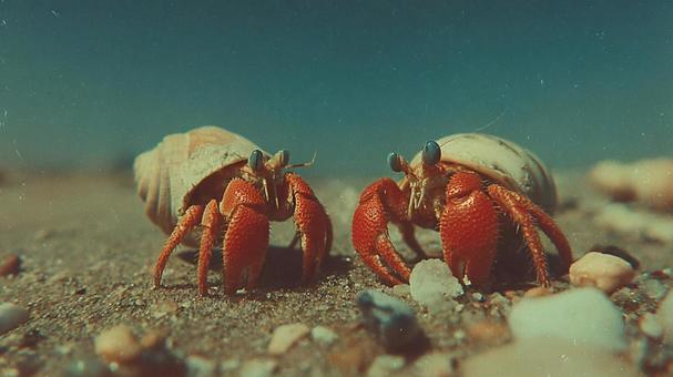 砂浜の波打ち際にいる可愛らしいヤドカリ 砂浜の波打ち際にいる可愛らしいヤドカリの写真